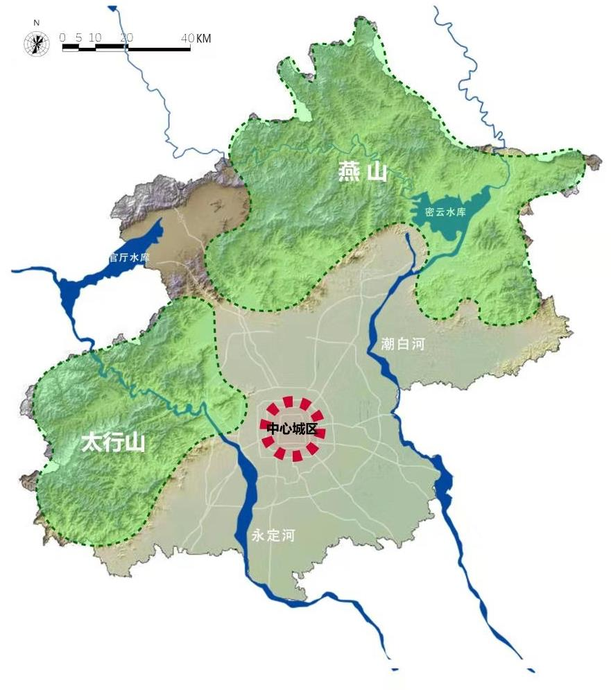 北京重要的生态空间主要分布在"两山两河",两山指燕山,太行山,两河指