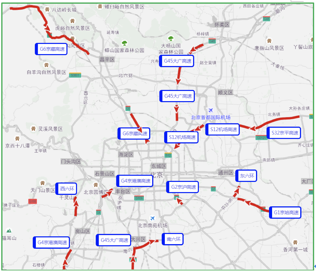 五一期间北京市出程易拥堵缓行的高速有g6京藏高速,g45大广高速,s12