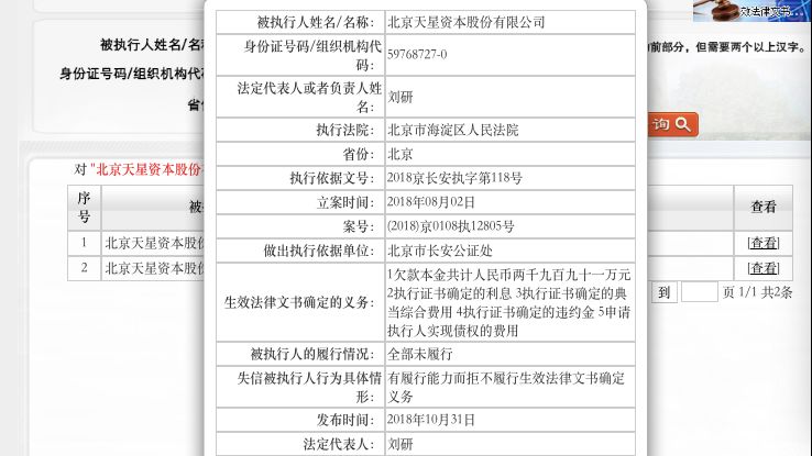 新京报讯（首席记者 赵毅波）11月12日，新京报记者独家获悉，昔日私募巨头天星资本，如今已被北京法院列为失信被执行人（俗称老赖）。此前，天星资本决定进行新一轮定增募资。