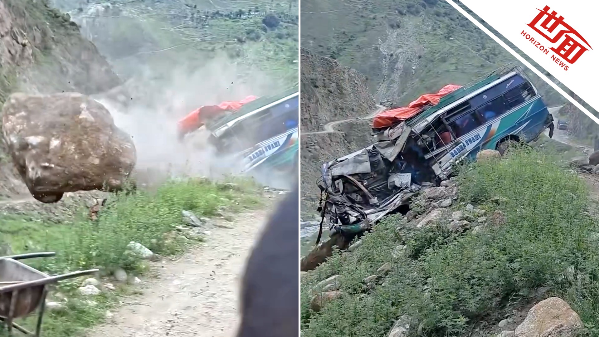 国际｜现场：尼泊尔一客车遭山上巨石猛砸，乘客刚下车巨石飞落