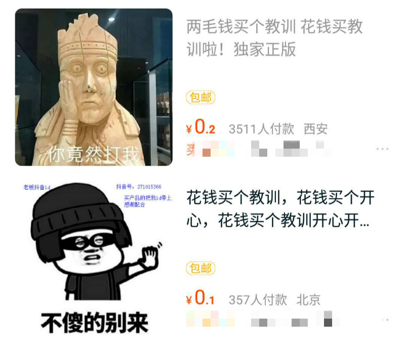 多淘宝商家售卖“教训”商品。 网络截图