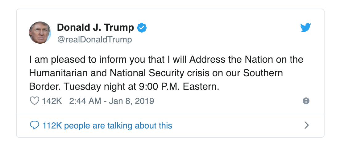 特朗普在推特上确认将于美东时间周二晚九点发表全国讲话 图源:推特