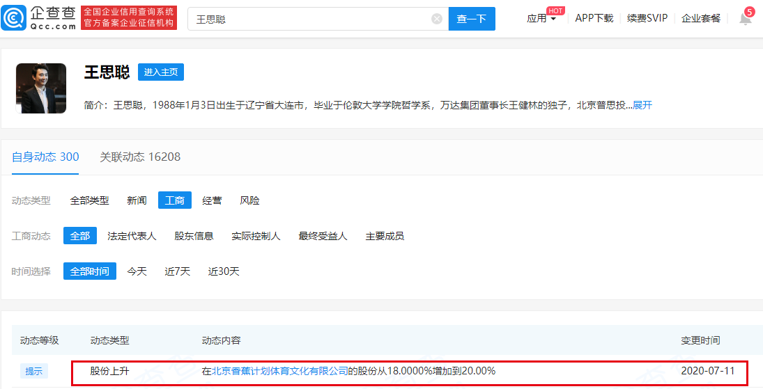 王思聪持股香蕉体育从18%增至20%