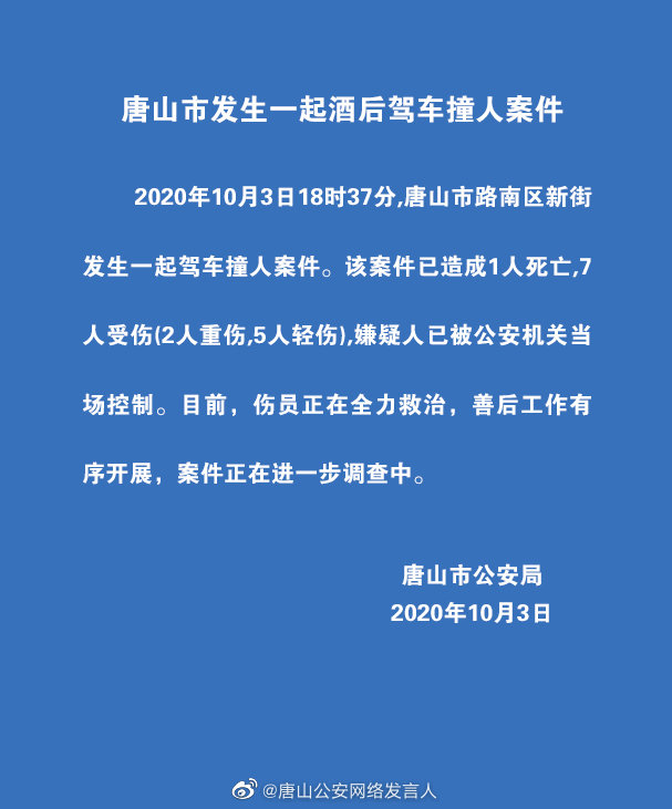 唐山一车辆快速驶入步行街致1死7伤 嫌疑人系酒后驾车