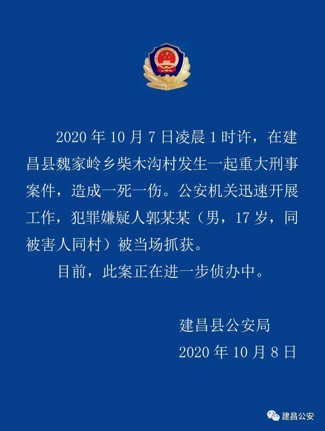 辽宁建昌发生刑案致1死1伤，17岁犯罪嫌疑人被抓获