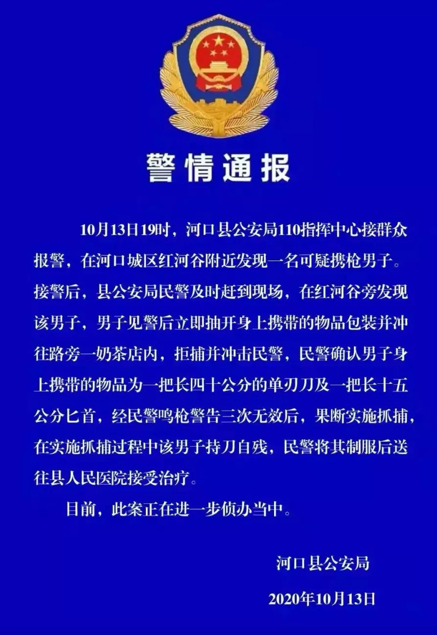 云南河口一男子持刀拒捕冲击民警，抓捕过程中自残