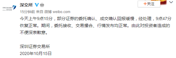 深交所：上午部分证券委托确认、成交确认回报缓慢，约半小时恢复