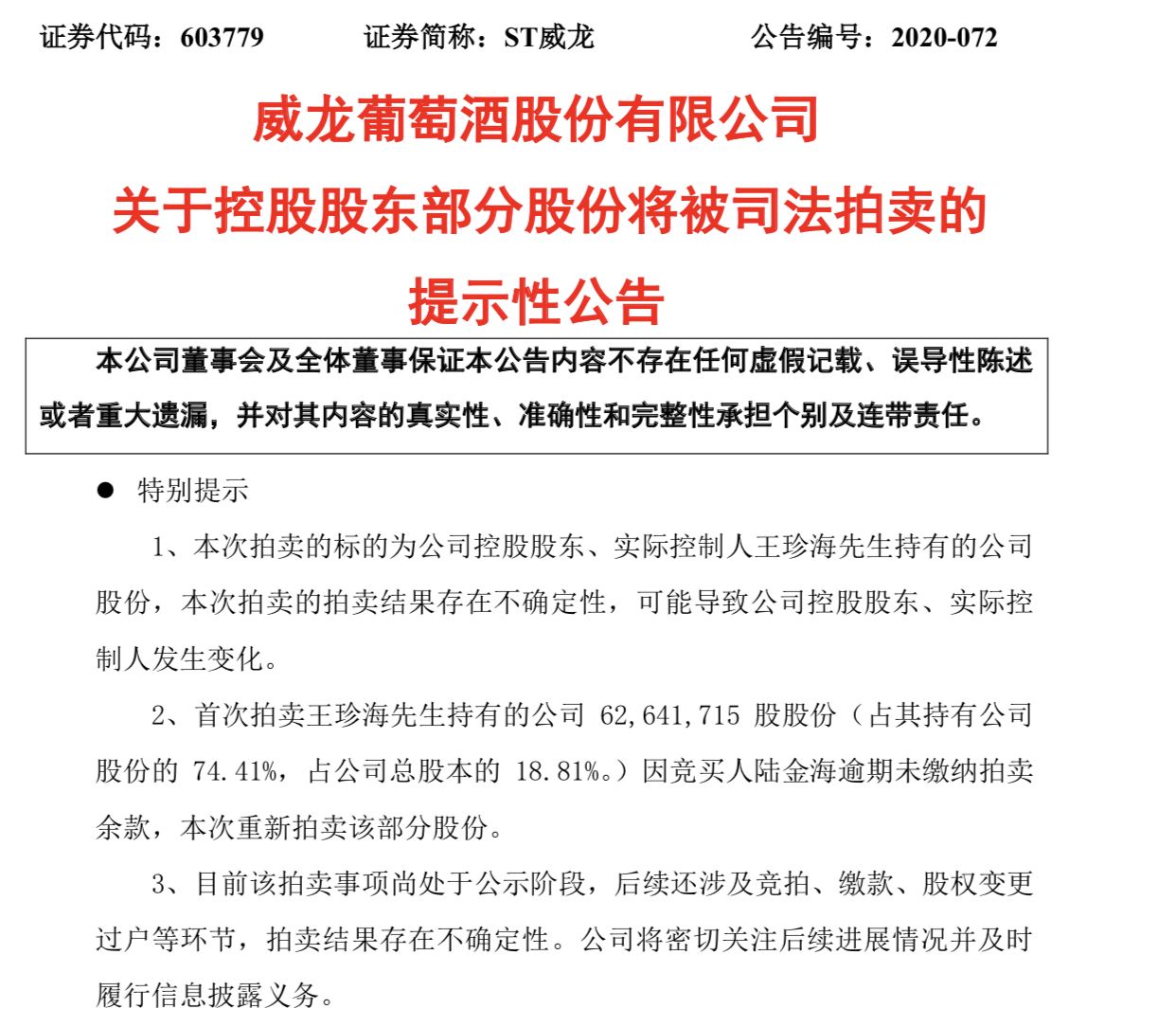 ST威龙：控股股东部分股份拍卖将在11月18日再次进行