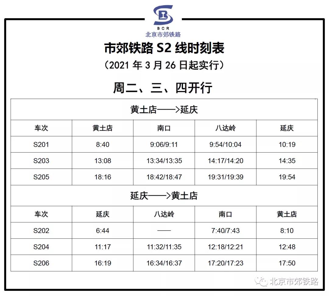 北京市郊鐵路s2線3月26日起加車最新時刻表來啦