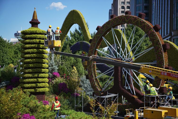 组图长安街沿线国庆花坛布置中预计25日左右完工亮相