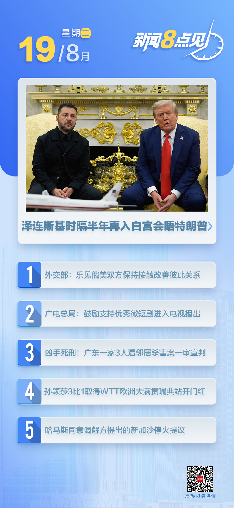 新聞8點見丨特朗普與澤連斯基舉行會晤；哈馬斯同意新加沙停火提議 — 新京報