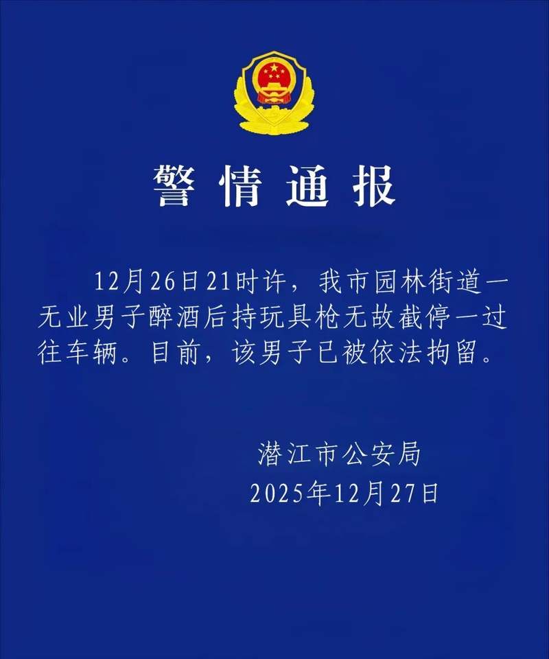 湖北潜江警方：一男子醉酒后持玩具枪拦车被拘 — 新京报